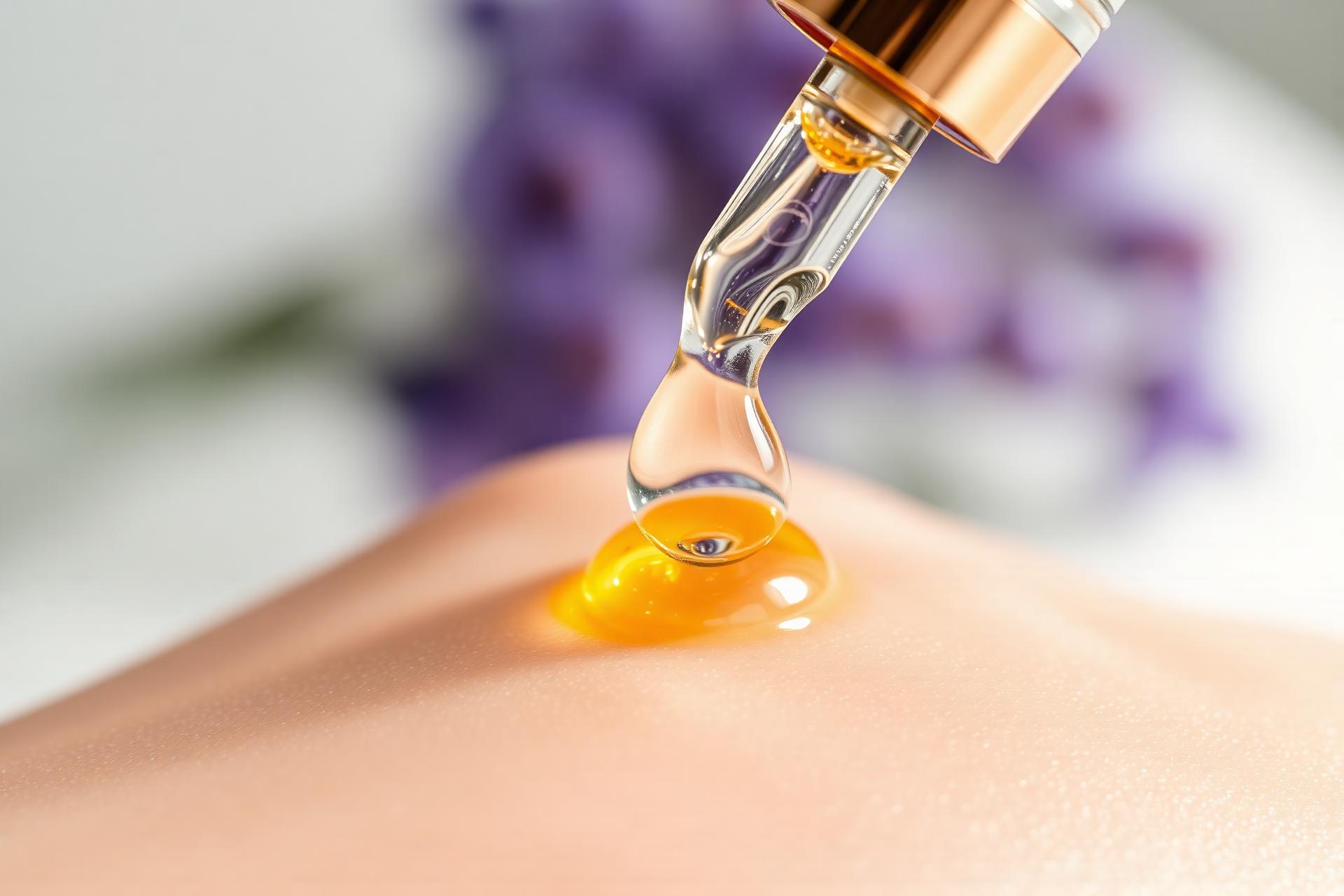 Glass dropper releasing a glistening golden serum droplet onto luminous skin